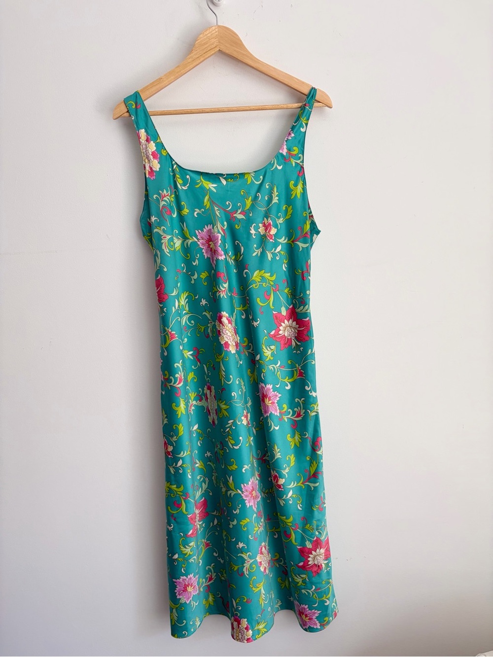 Natori Teal Floral Satin Slipdress L